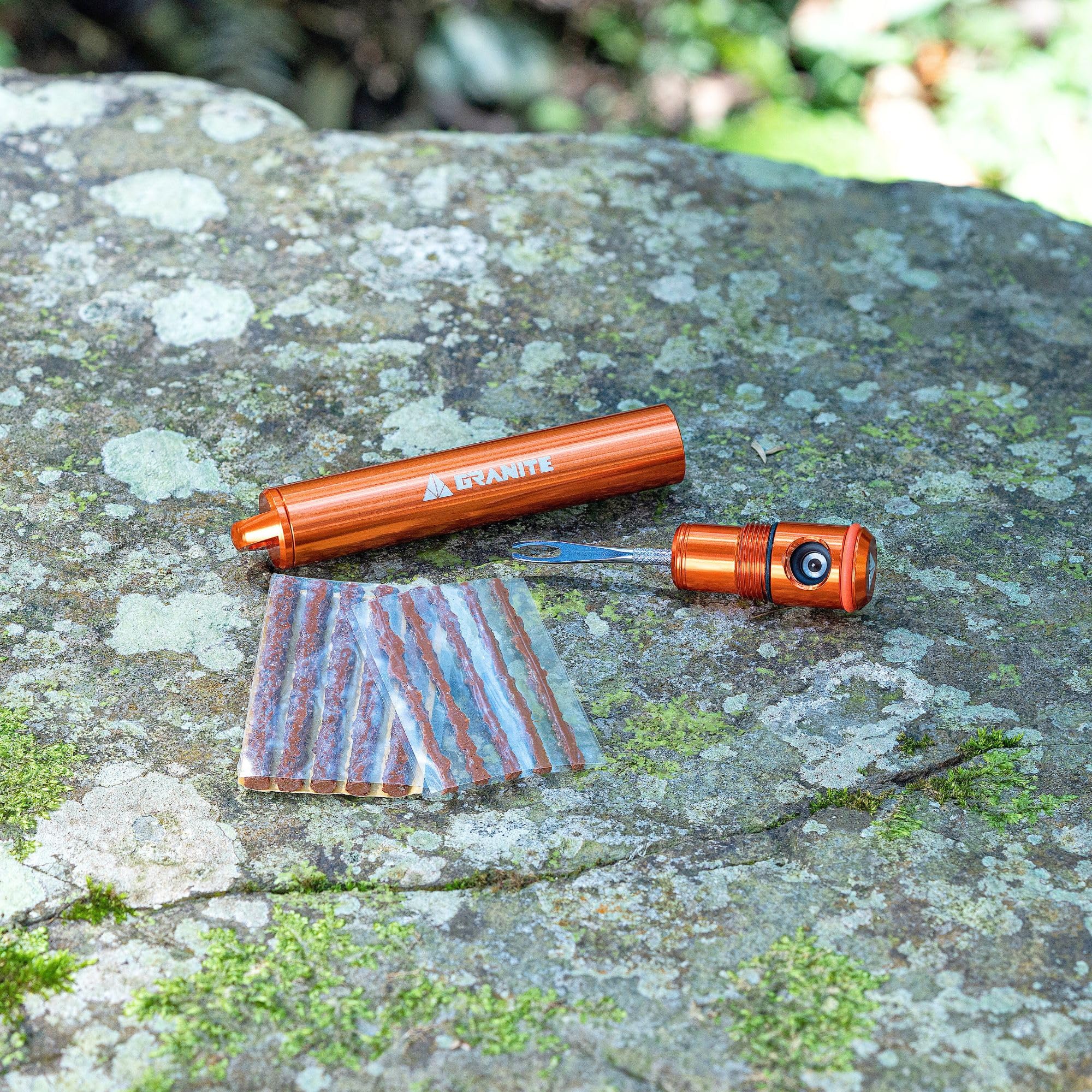 Granite kit packaged and staged by a bike for convenient storage and readiness