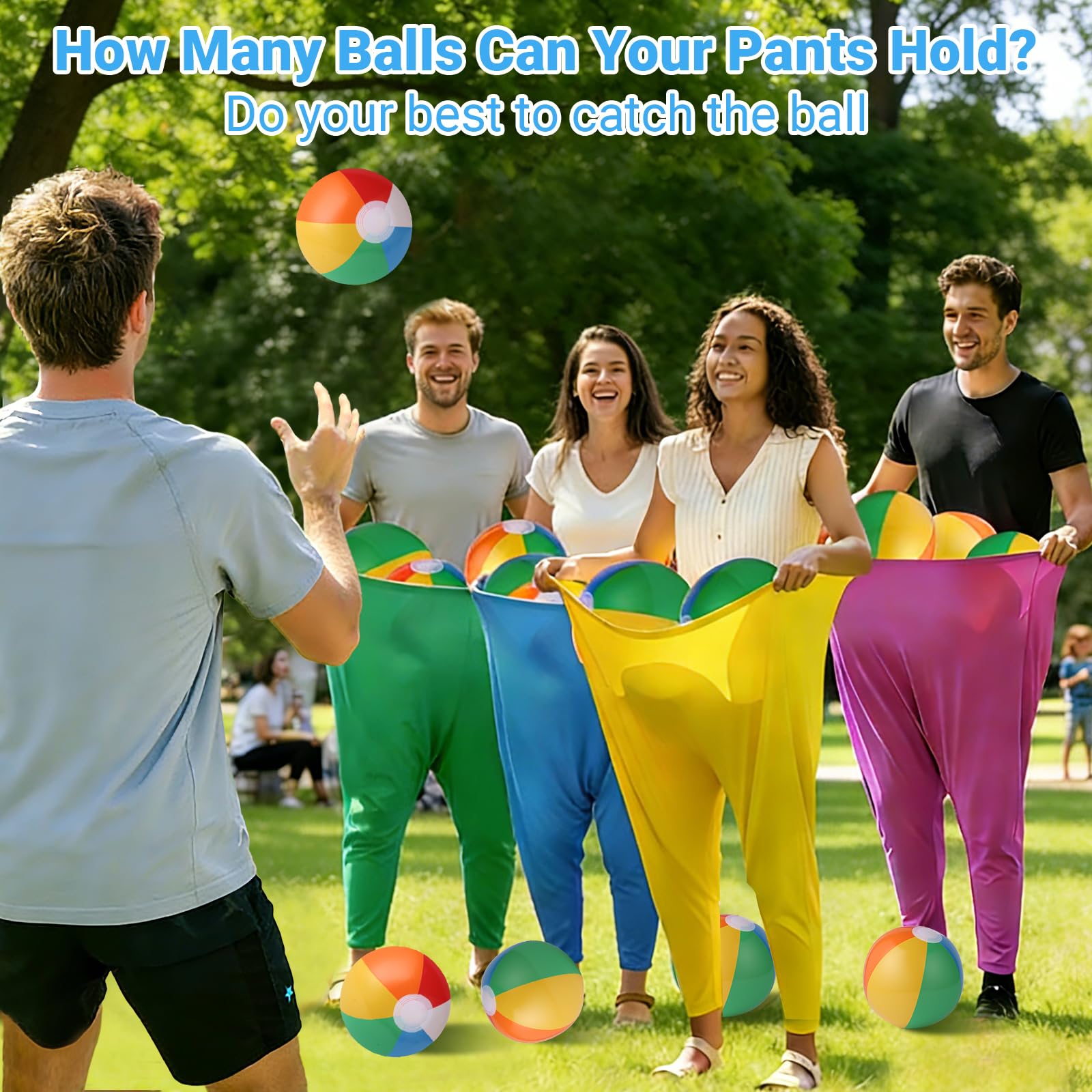 Generic granny pants in play action with players catching balls and laughing