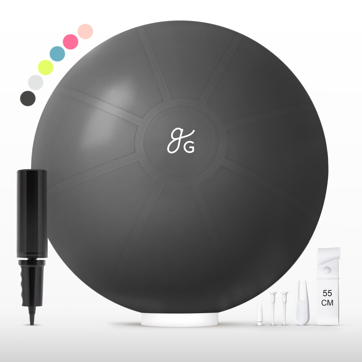 Greater Goods exercise ball front and packaging showing included pump and stand benefit: ready out of box