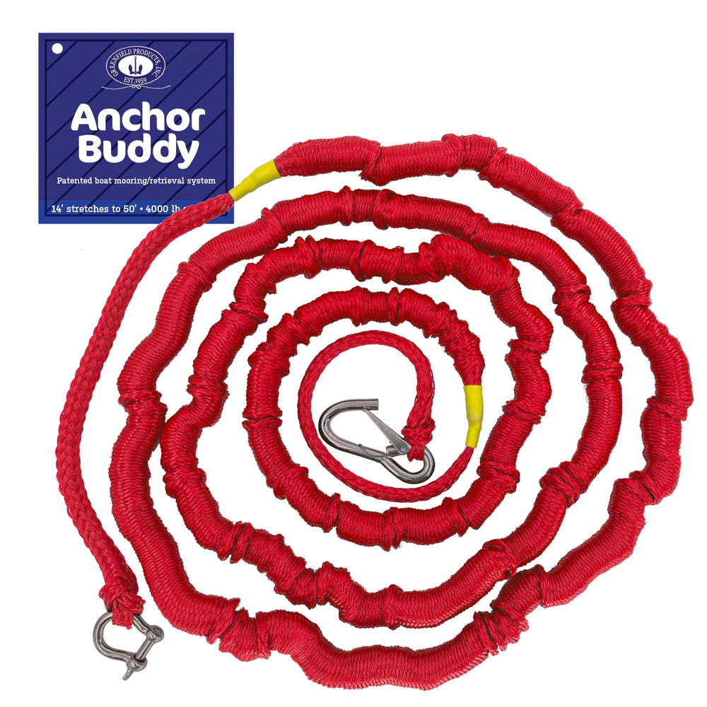Greenfield Anchor Buddy front view showing red bungee and hardware for easy shore anchoring