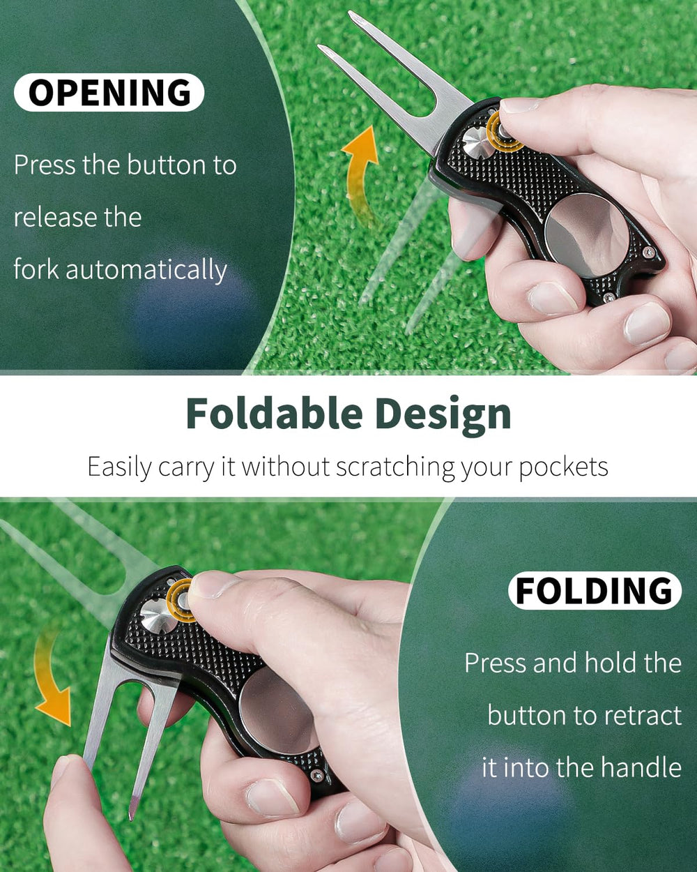 GreenHaven recessed handle used as a club rest to keep club off wet grass