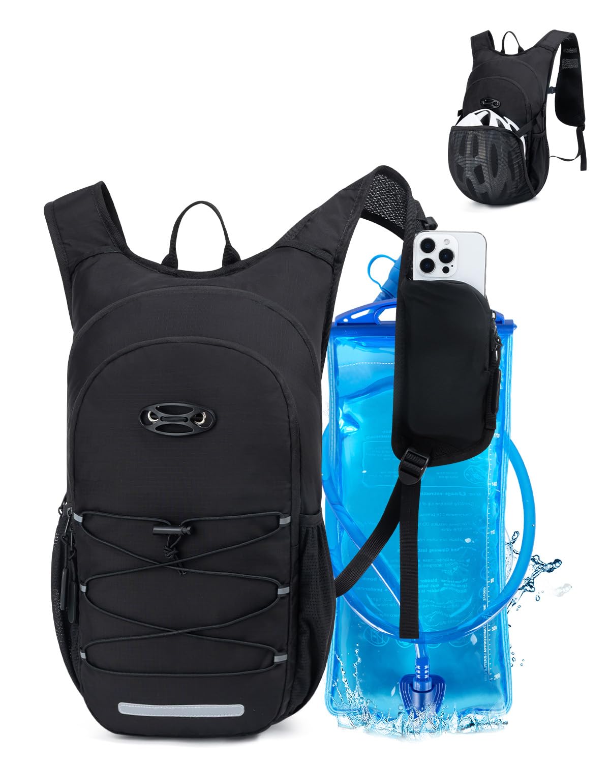 GreenTaya front view of black hydration backpack showing pockets and bungee