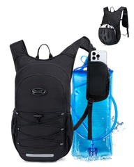 GreenTaya front view of black hydration backpack showing pockets and bungee