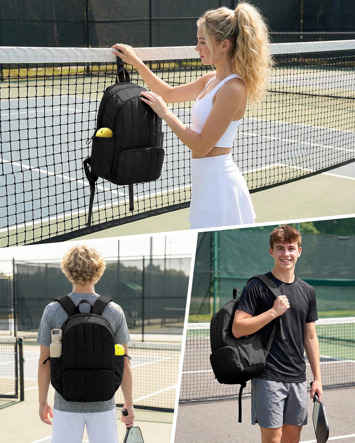 GreenTaya side pockets holding water bottle and extra balls for easy access