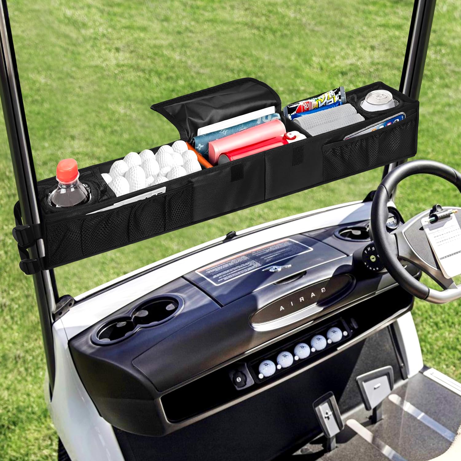 Grekos size comparison on golf cart dash showing low-profile fit