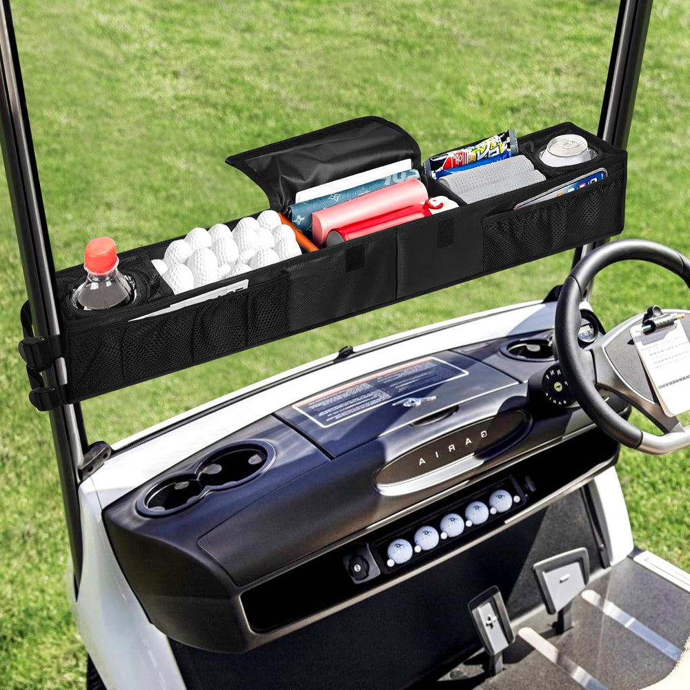 Grekos size comparison on golf cart dash showing low-profile fit