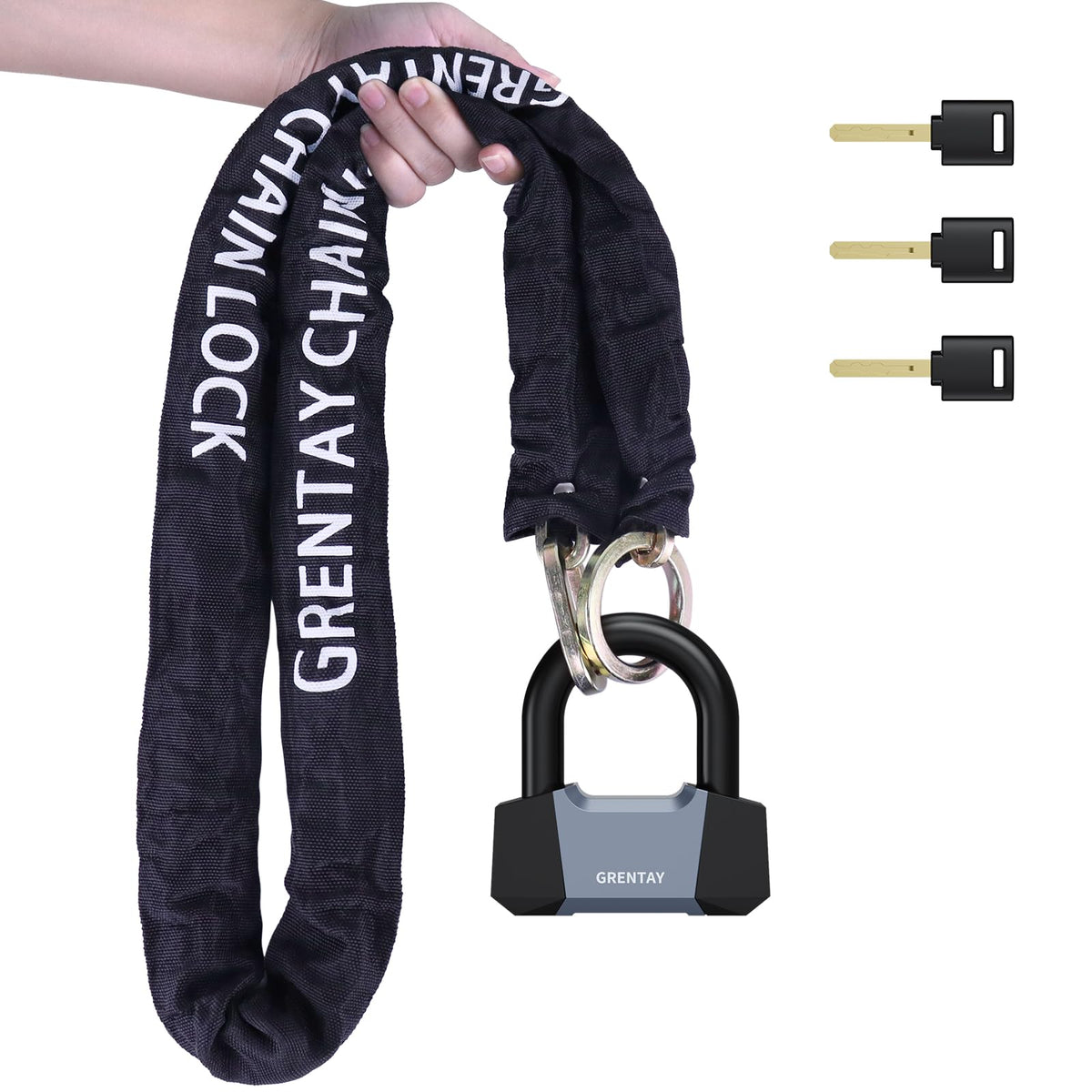 Grentay front view of chain lock packaging showing full kit and keys for quick identification and use