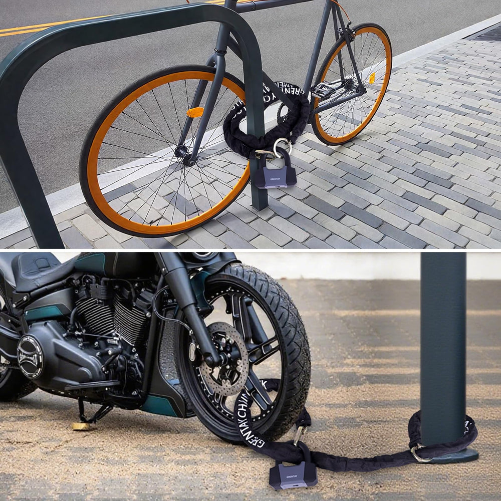 Grentay chain in use wrapped around bicycle frame and post to demonstrate versatile locking options