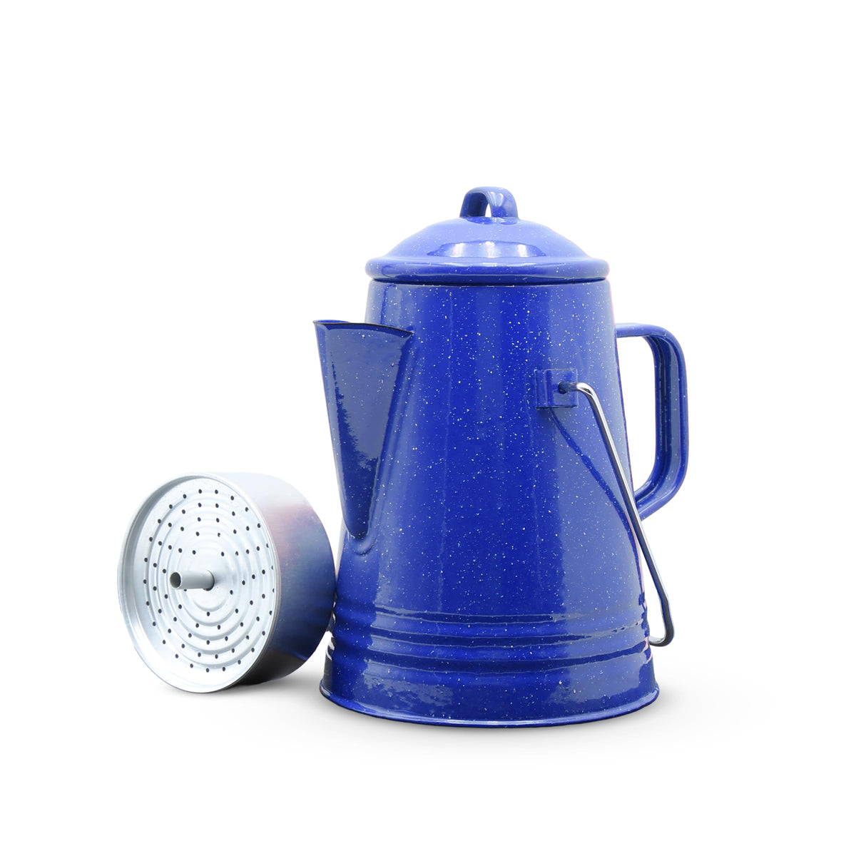GRIP blue percolator front view showing handles and spout for controlled pouring