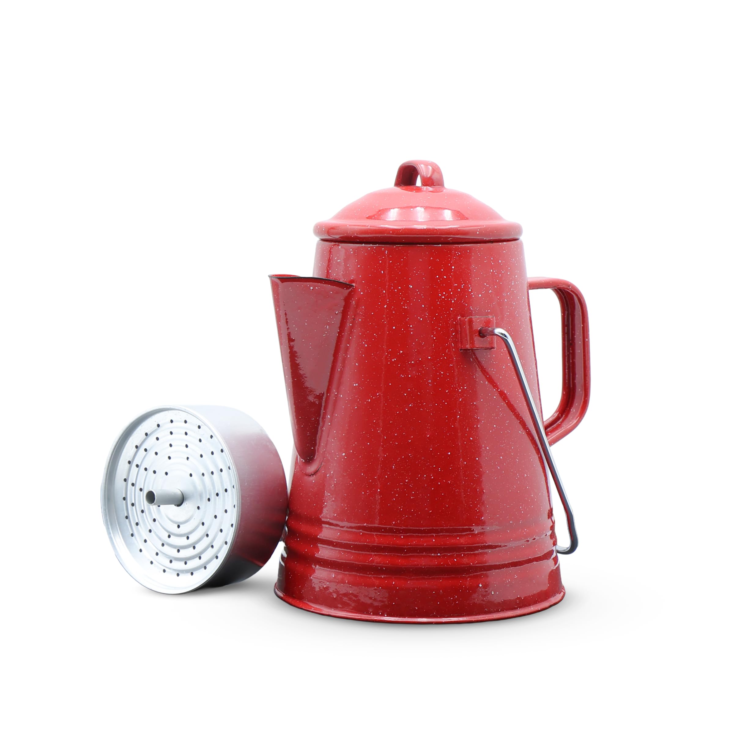 GRIP red percolator front view showing enamel finish and handles for durable brewing