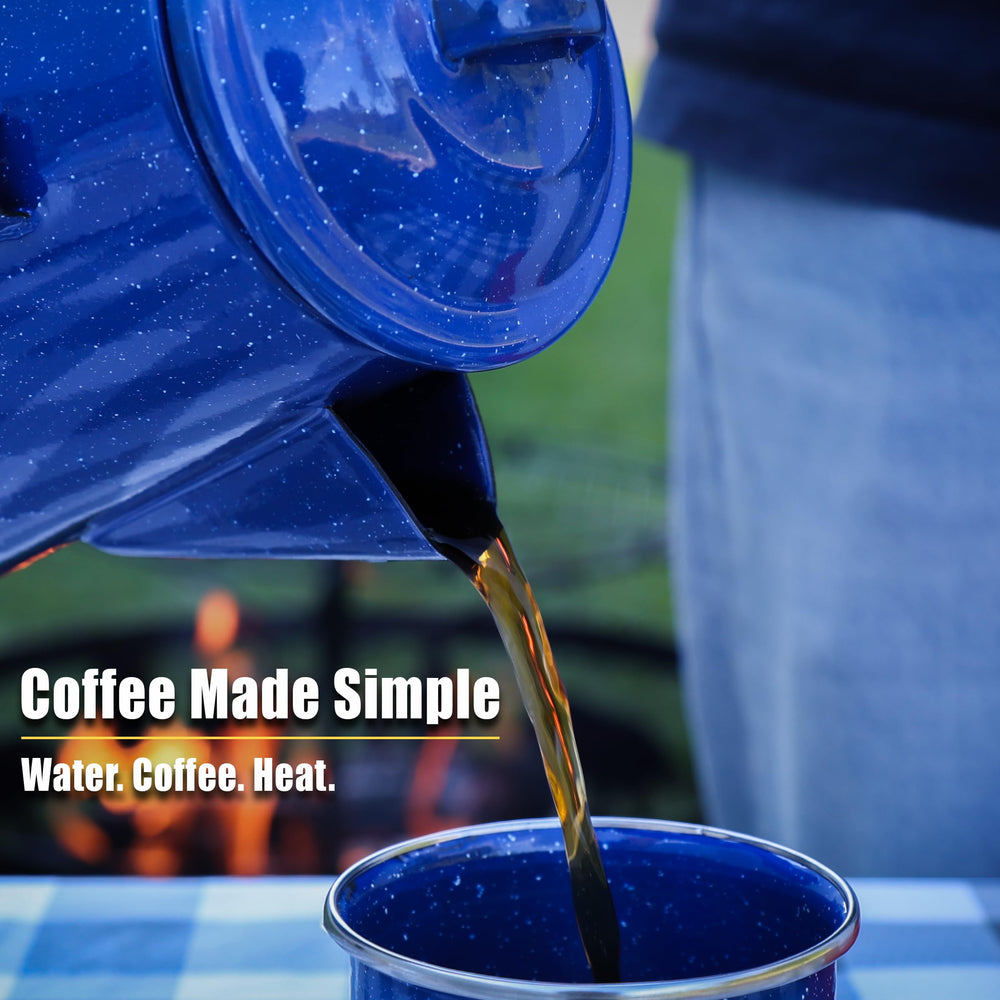 GRIP percolator next to mug to show 8-cup capacity and camping scale