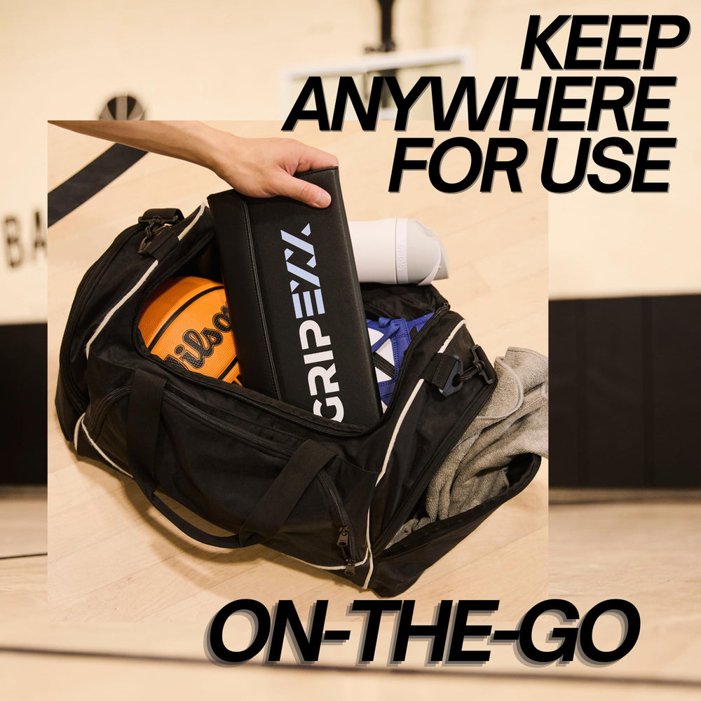 GRIPEXX folded mat inside gym bag showing portable size and travel convenience