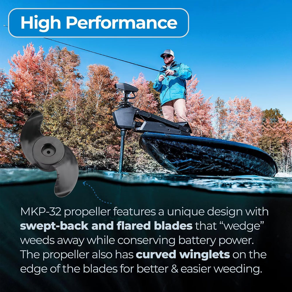 GRONGU MKP-32 on a boat transom in use illustrating smooth weed-free trolling performance