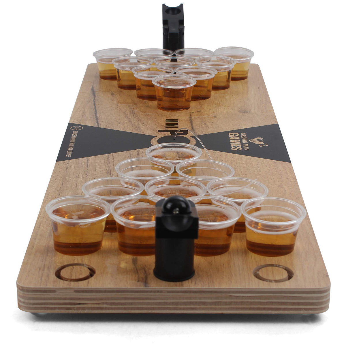 Grown Man Games front view of mini beer pong board showing recessed cup holes and durable finish, portable fun