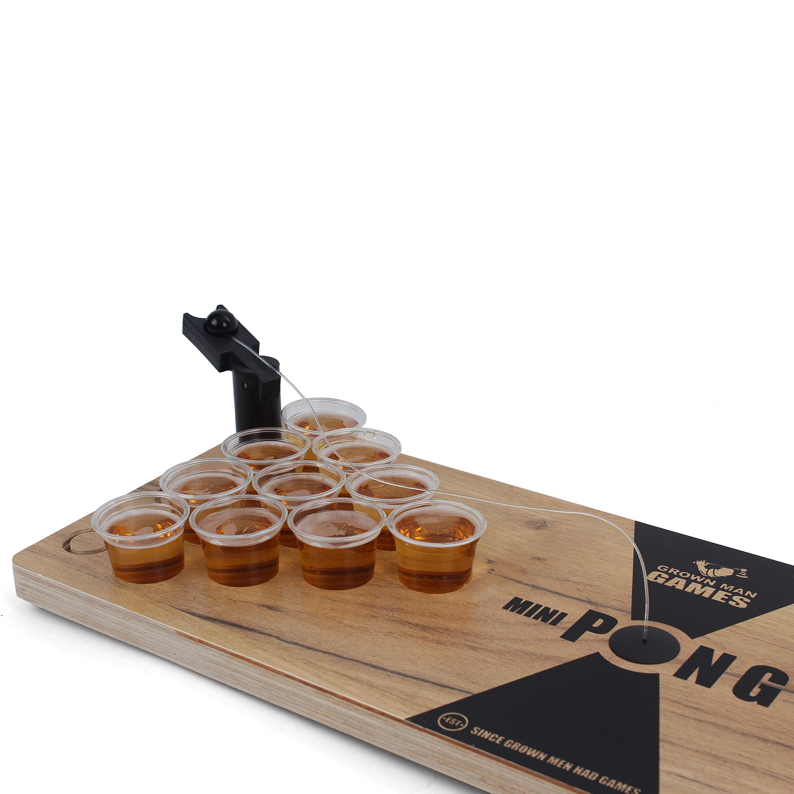 Grown Man Games mini beer pong in use at a party demonstrating social gameplay and compact convenience