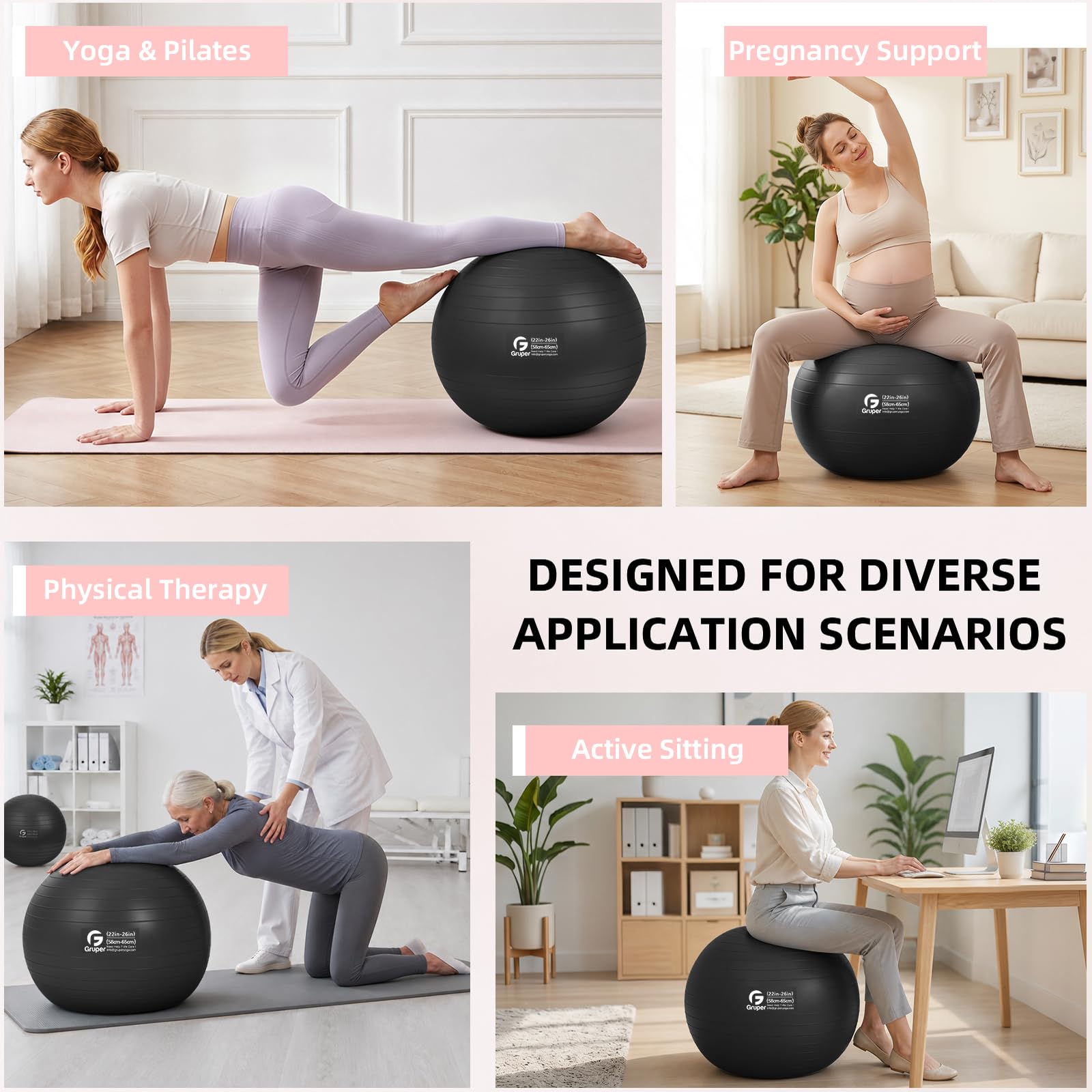 Gruper exercise ball used as office chair promoting active sitting and posture support