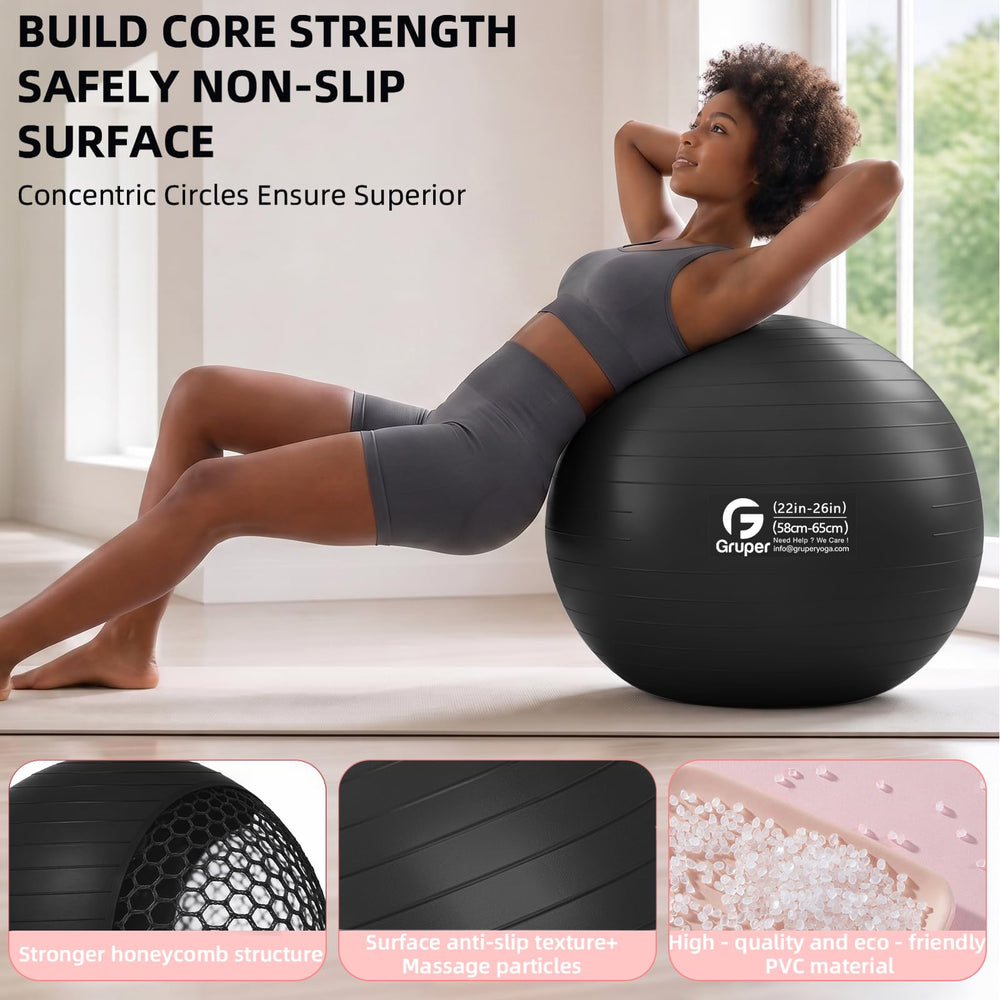 Gruper exercise ball used by pregnant person showing supportive seating for pelvic mobility