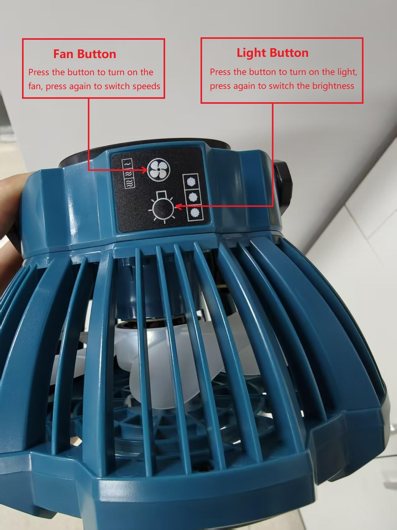 GRVODFRTA on tabletop serving as small desk fan and portable lantern