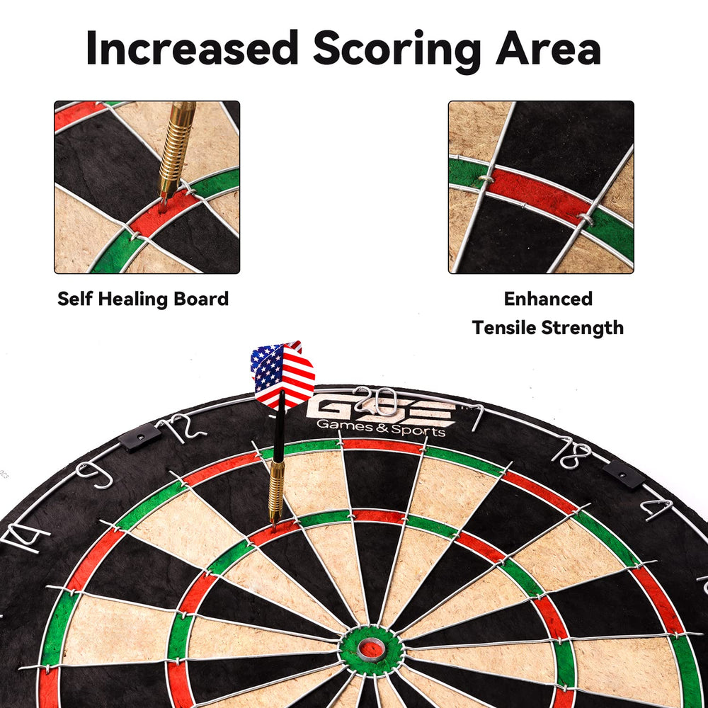 GSE bristle dartboard with six 17g steel darts and chalk scoreboard for immediate play