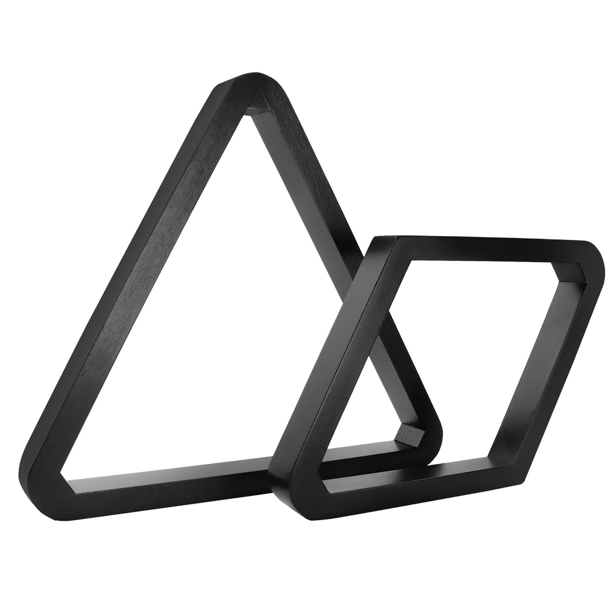 GSE Deluxe front view of black wooden 8-ball triangle and 9-ball diamond racks showcasing durability