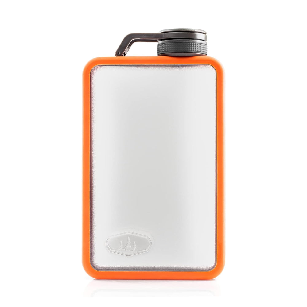 GSI Outdoors Boulder Flask front view showing compact orange design and rugged benefit