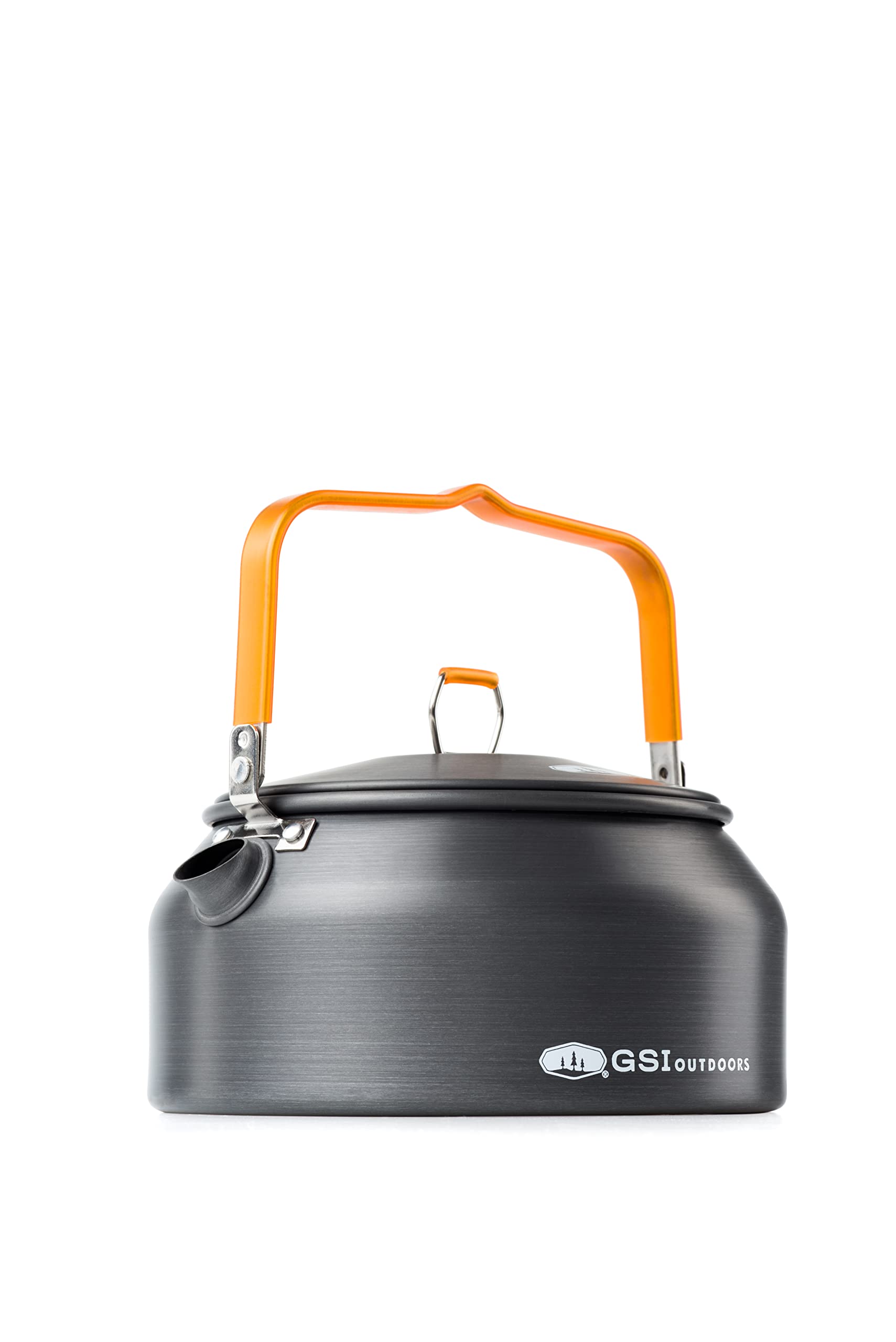 GSI Outdoors Halulite tea kettle front view showing compact shape and pouring spout for efficient camping