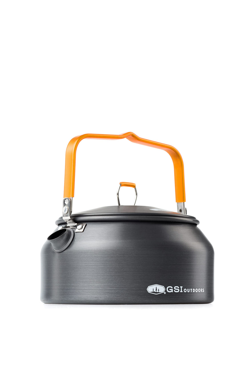 GSI Outdoors Halulite tea kettle front view showing compact shape and pouring spout for efficient camping
