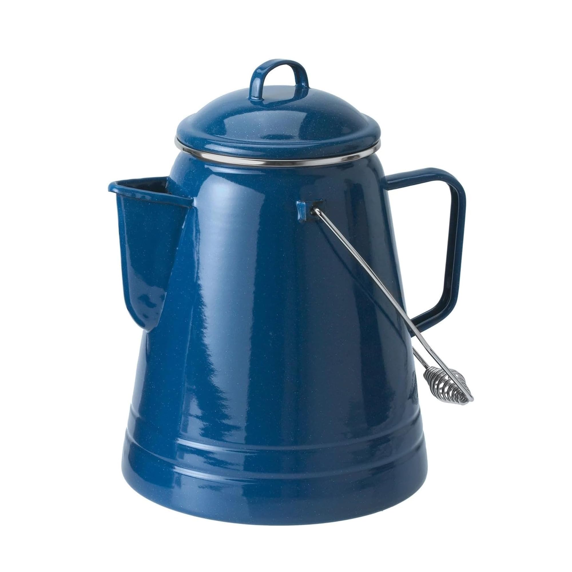 GSI Outdoors Pioneer enamel pot front view showing blue speckled finish and sturdy handle, durable design