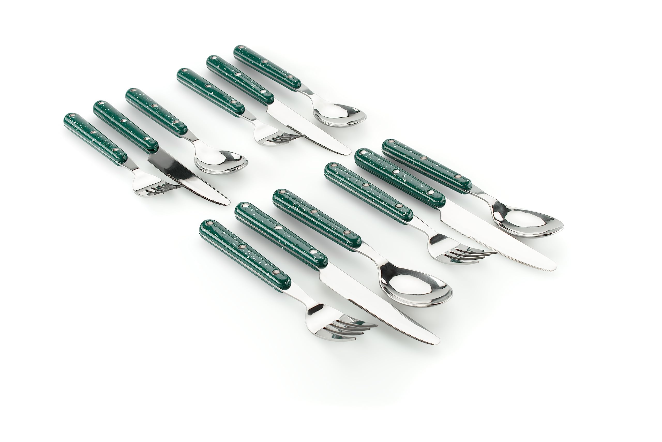 GSI Outdoors front view of green Pioneer cutlery set showing four place settings and enamel finish benefit durability
