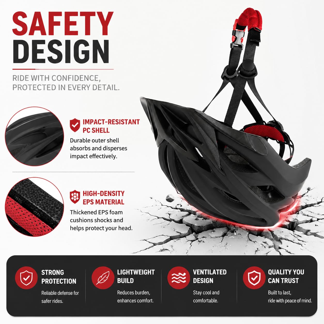 GTSBROS helmet beside ruler showing fit range 57–61 cm for sizing