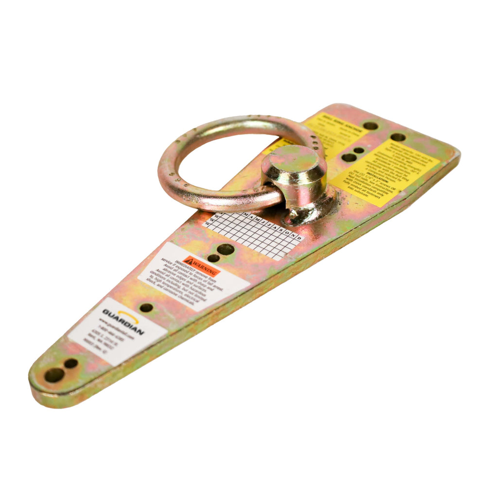 Guardian bull ring used on rooftop with worker tethered, showing practical protection
