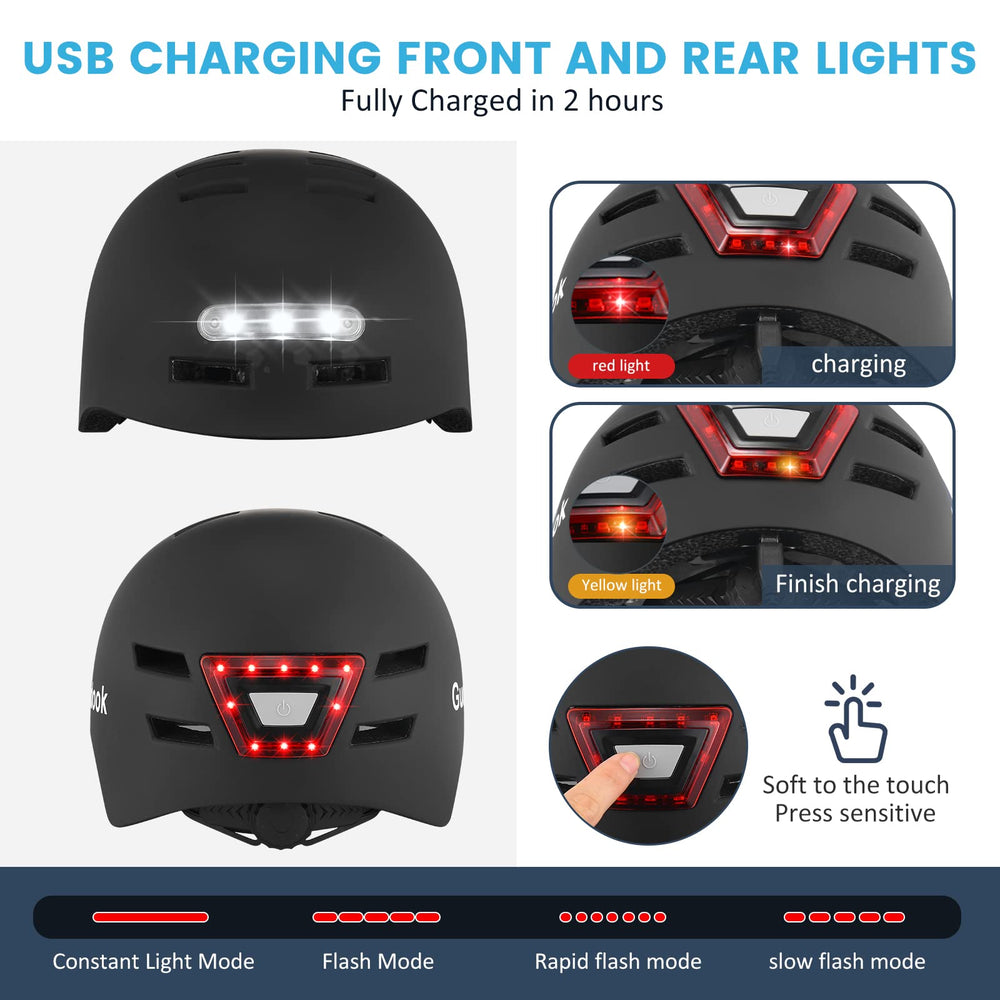 Gudook helmet LED lights on front and rear increasing rider visibility benefit