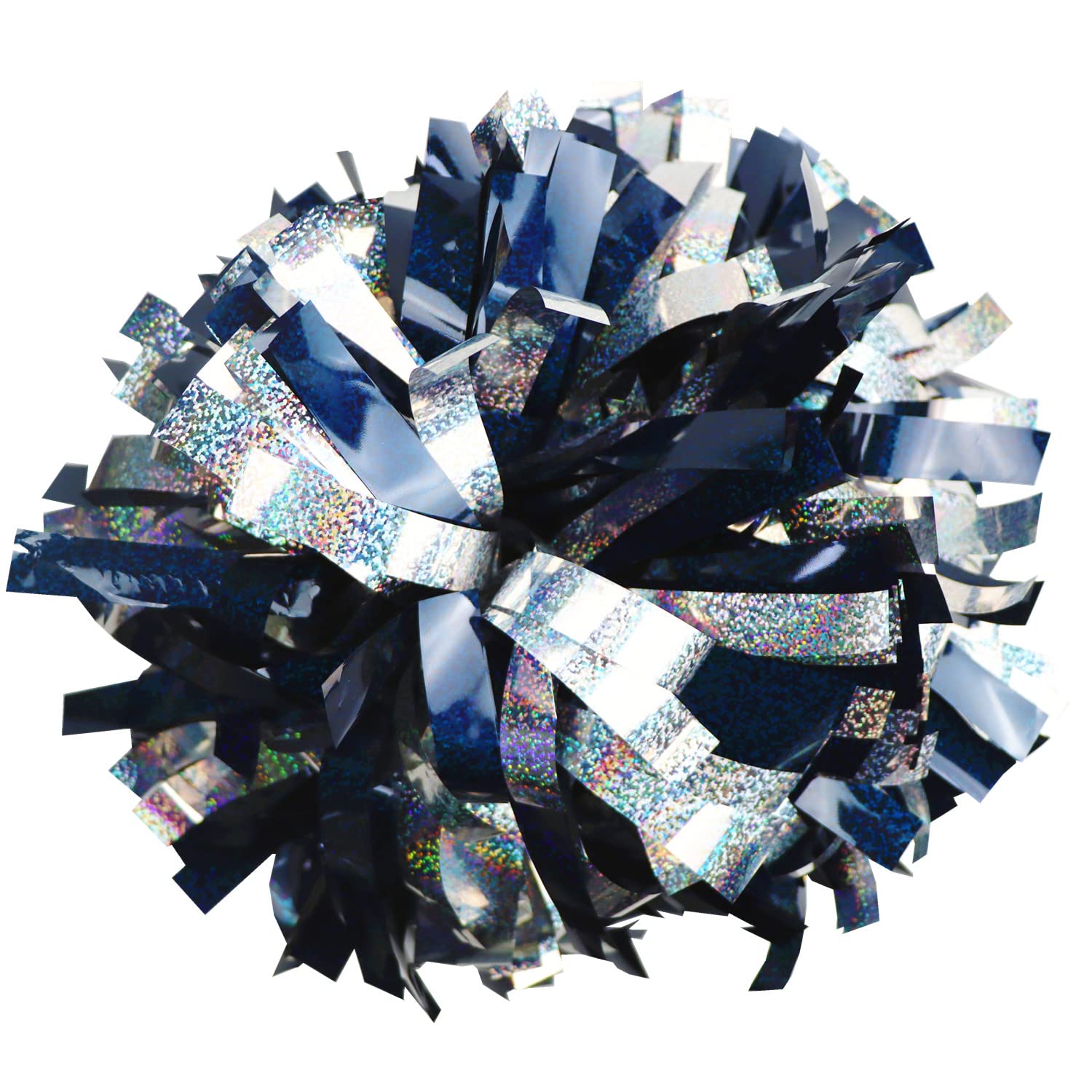 GUIFIER front view holographic navy blue and silver pom poms showing vibrant shine