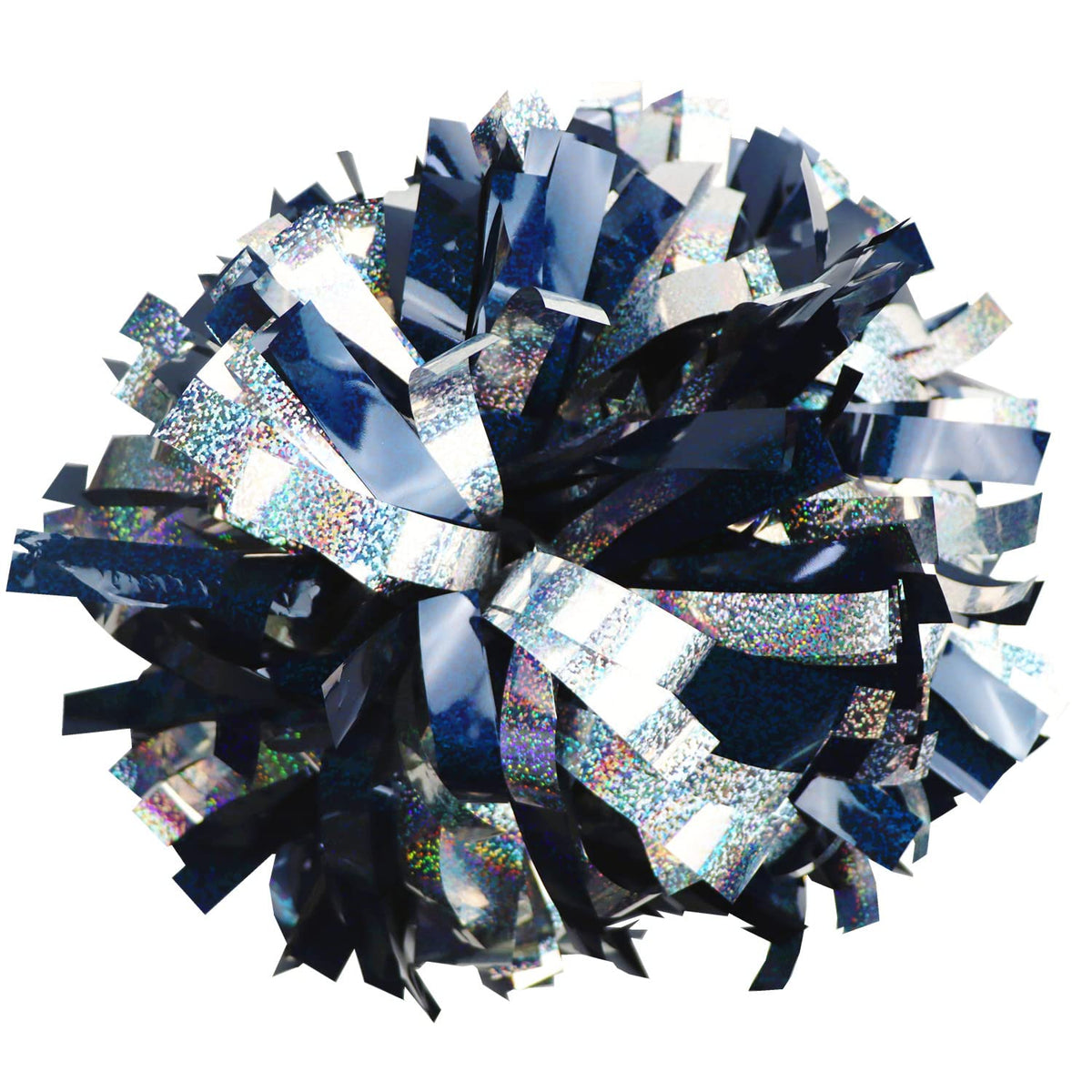 GUIFIER front view holographic navy blue and silver pom poms showing vibrant shine