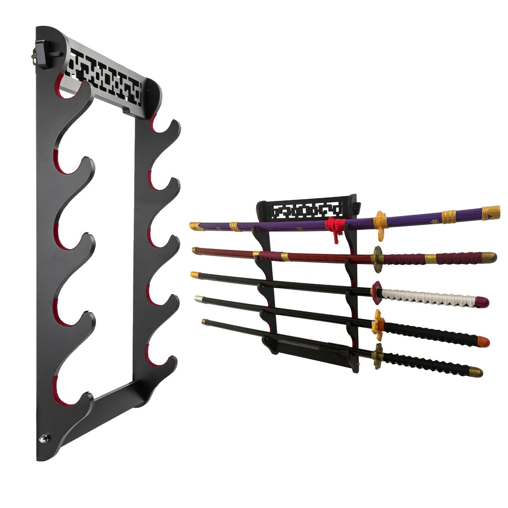 GUIIYLGG front view of 5-tier black sword rack showcasing neat display and space saving