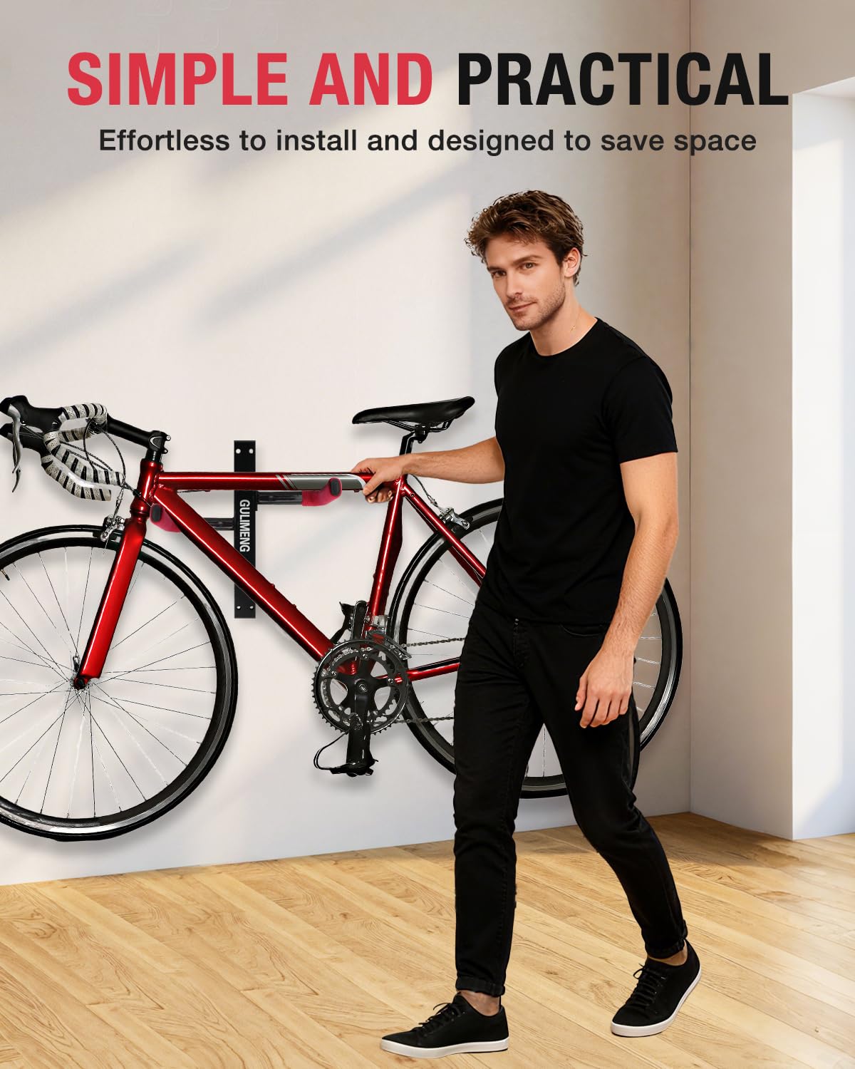 GULIMENG rack holding road, mountain and hybrid bikes showing versatile compatibility