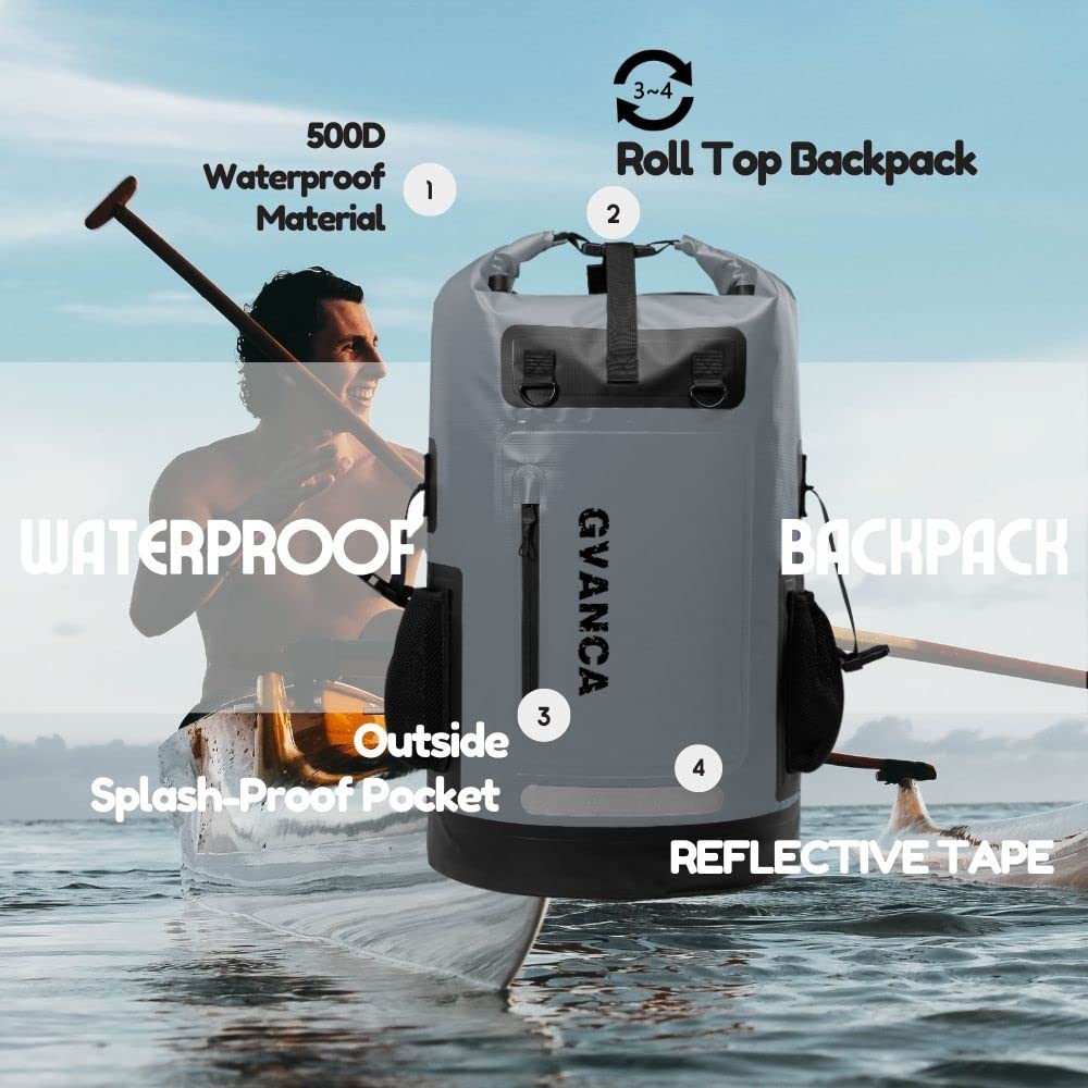GVANCA close-up of roll-top closure and buckle, reliable waterproof seal benefit