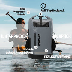 GVANCA close-up of roll-top closure and buckle, reliable waterproof seal benefit