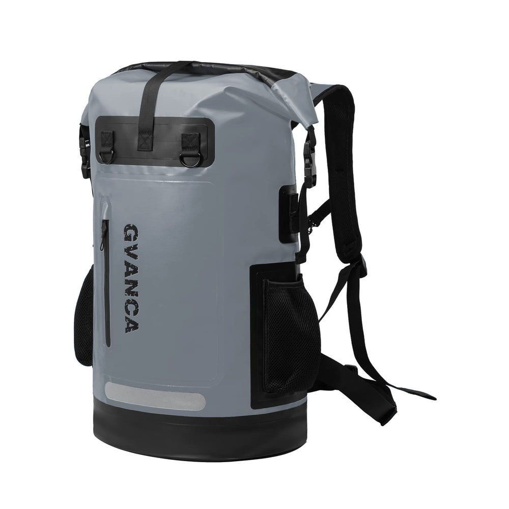 GVANCA front view of dry backpack showing roll-top and straps, durable and protective