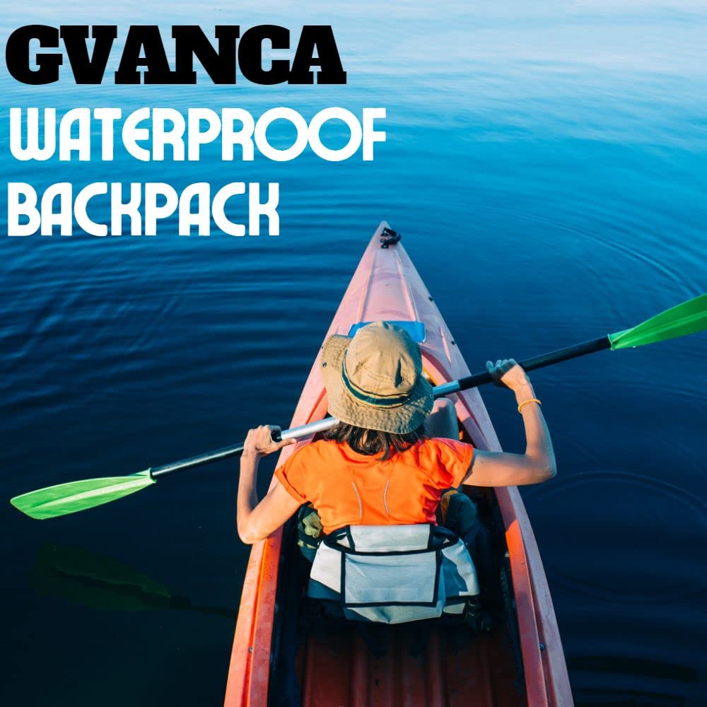 GVANCA dry bag beside helmet and paddle, clear 35L scale and packing capacity