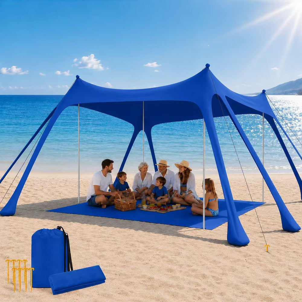 GWYNEXAC front view of dark blue beach tent showing spacious shade and easy access