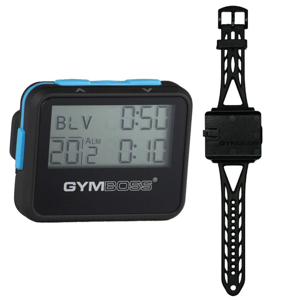 Gymboss front view of timer bundle showing black case with blue buttons for clear controls
