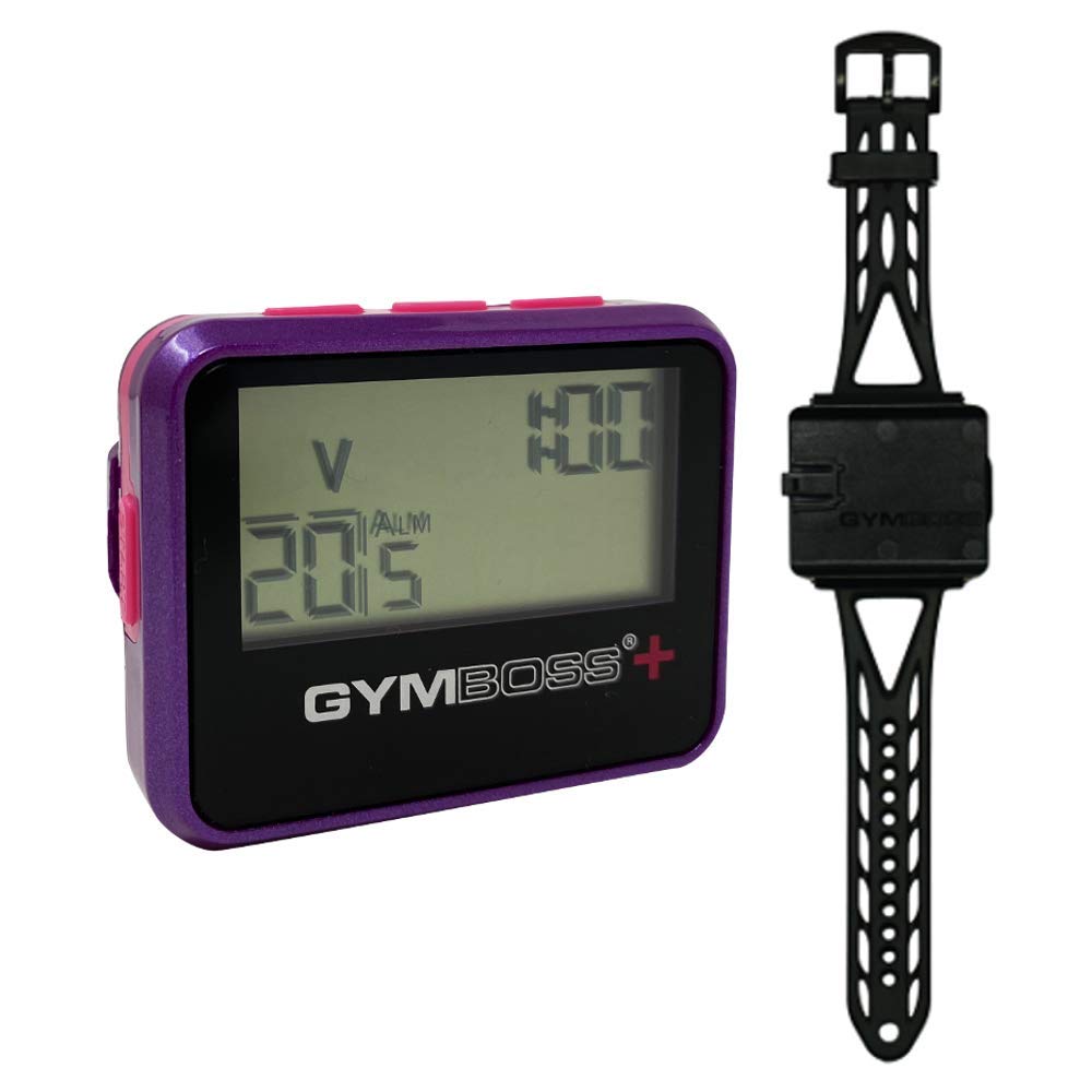 Gymboss front view in violet-pink showing display and easy controls for quick timing