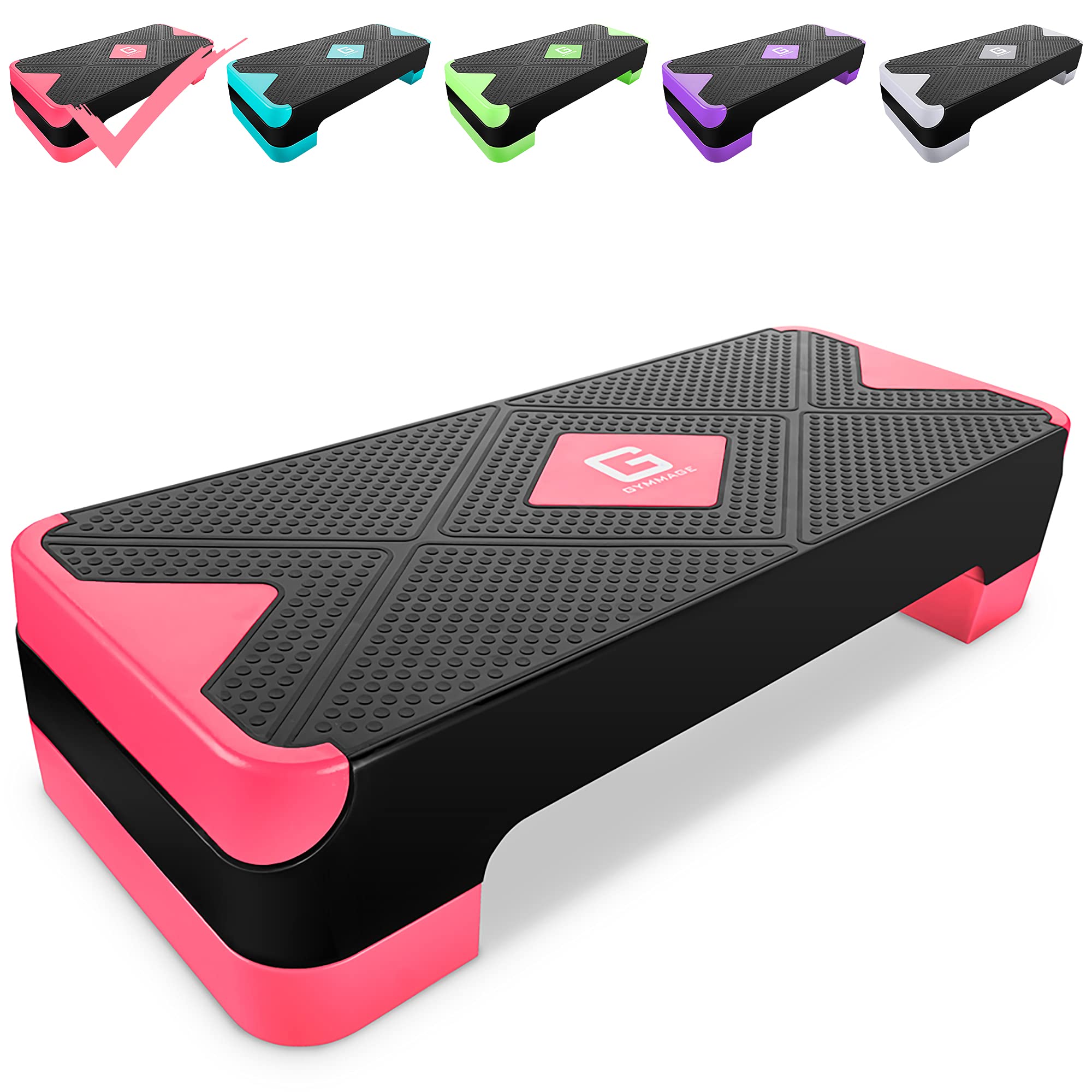 GYMMAGE front view pink stepper showing platform and risers for versatile workouts