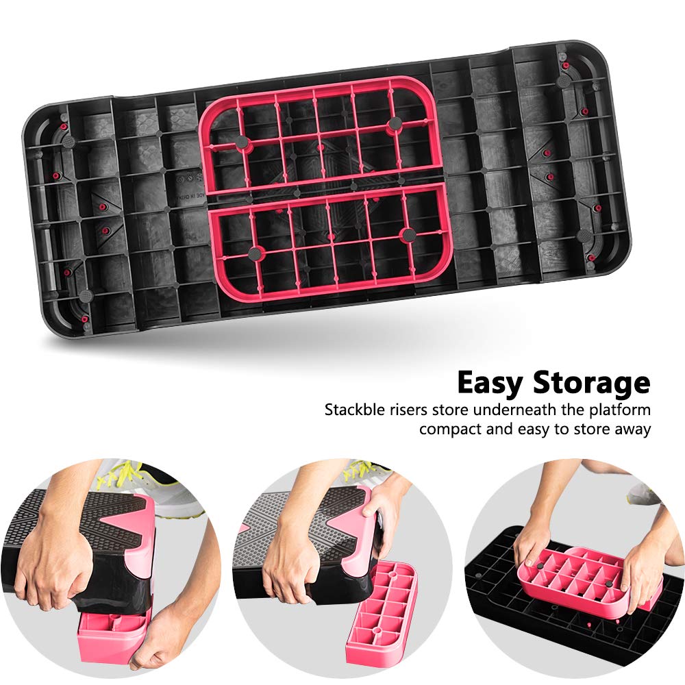 GYMMAGE risers stacked under platform for compact storage and quick setup