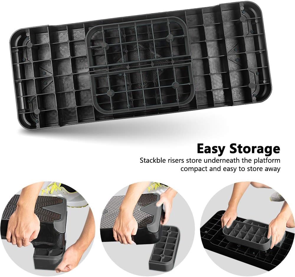 GYMMAGE risers nested under deck demonstrating neat storage convenience