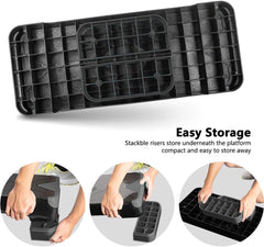 GYMMAGE risers nested under deck demonstrating neat storage convenience