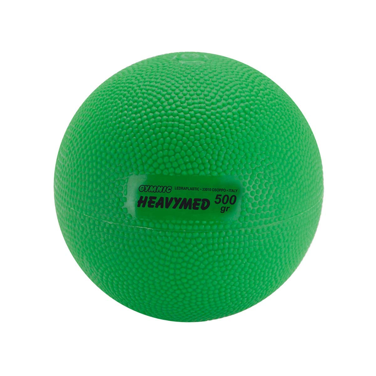 GYMNIC HeavyMED 500 front view showing compact green ball and grip benefit