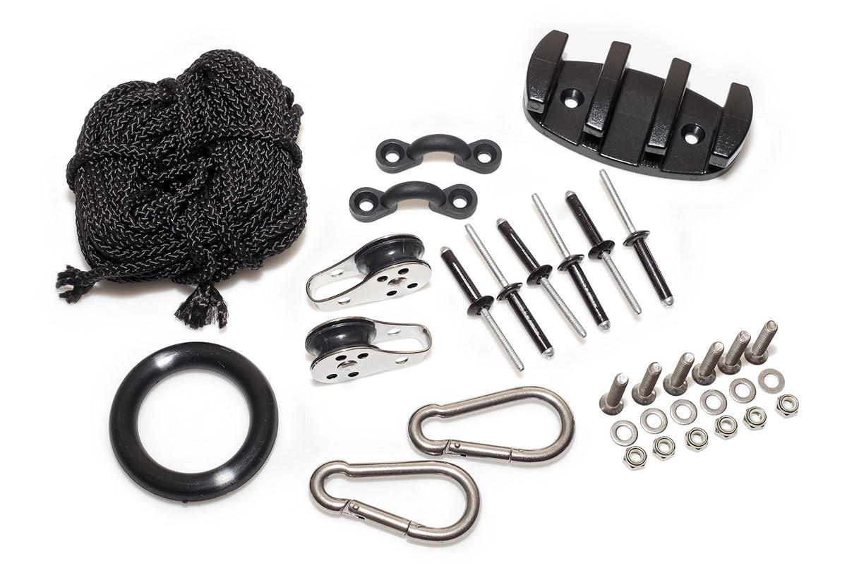 H2o Kayaks front view of anchor trolley kit showing hardware and benefits of easy anchoring