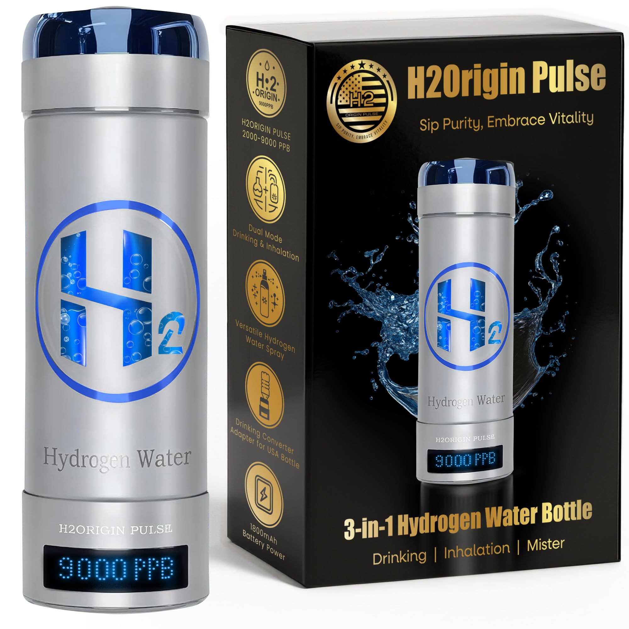 H2ORIGIN PULSE front view showing bottle and base, highlights portability benefit